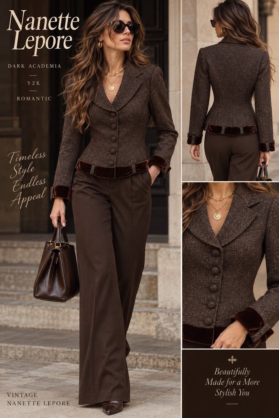 Nanette Lepore Vintage Y2K Dark Academia Brown Tweed Velvet Trim Peplum Blazer 6